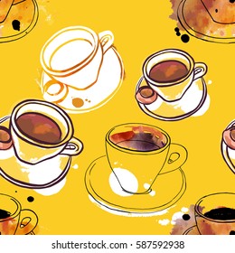 A seamless pattern of freehand vector and watercolour drawings of coffee cups on yellow