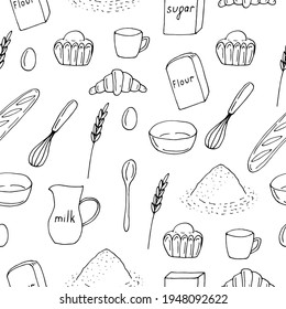 Seamless pattern of French bakery products, baguette, croissant and brioche and products for their preparation, vector illustration, hand drawing
