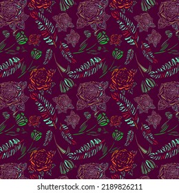 Seamless Pattern of french bistre, International orange aerospace color rose and tulip flower with dark pastel green and medium aquamarine banana leaf on tyrian purple color background. textile design