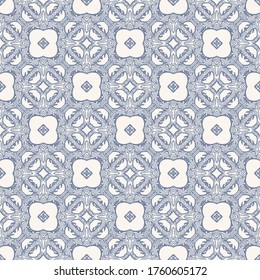  Seamless pattern in french blue linen shabby chic style. Hand drawn floral damask texture. Old white blue background. Farmhouse style wallpaper home decor swatch. Flower motif all over print