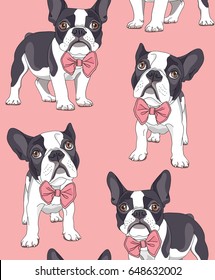 Seamless pattern. French Bulldog with a bow tie on a pink background. Vector illustration.