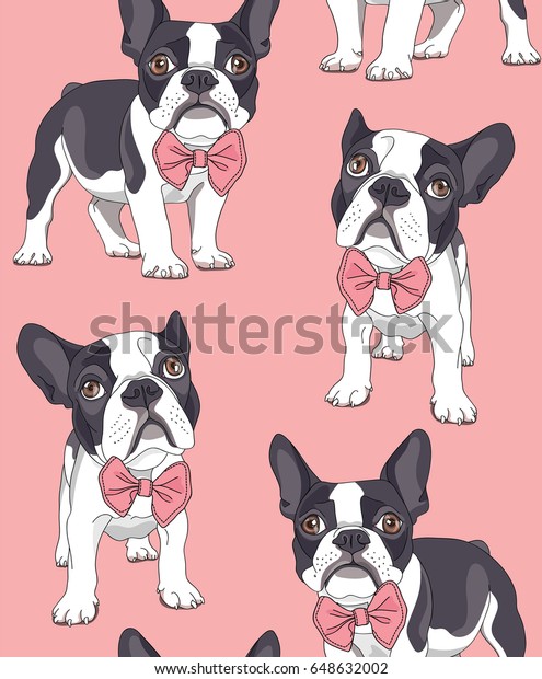 无缝图案 法国斗牛犬与粉红色背景领结 矢量插图 库存矢量图 免版税