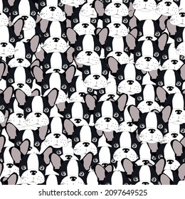 Seamless pattern with French Bulldog. Fun background for kids, stationery, web, case phone, textile, fabric, clothes, socks and other designs.