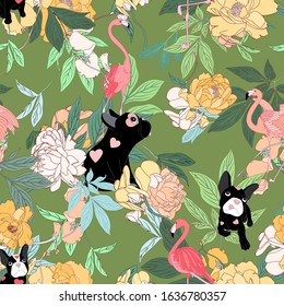 Seamless Pattern of a French Bulldog in a Garden with Flamingos