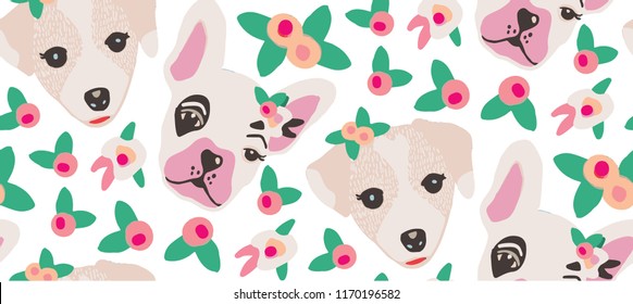 Seamless pattern of a French bulldog and a Labrador puppy, with pink, orange and green floral background elements.