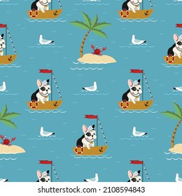 Seamless pattern with French Bulldog on vacations. French Bulldog sailing a boat, happy crab waving on the island, seagull floating on the waves. Funny summer vector background