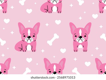 Seamless pattern with French bulldog puppy. Cute design. Vector illustration. Dog. Funny french bulldog puppy. Cute background texture