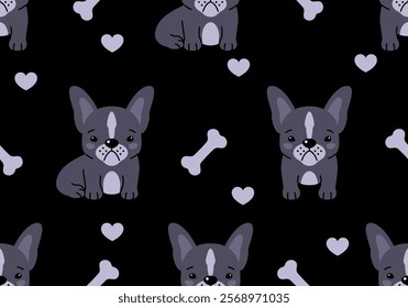 Seamless pattern with French bulldog puppy. Cute design. Vector illustration. Dog. Funny french bulldog puppy. Cute background texture