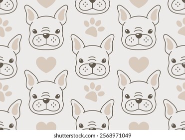 Seamless pattern with French bulldog puppy. Cute design. Vector illustration. Dog. Funny french bulldog puppy. Cute background texture