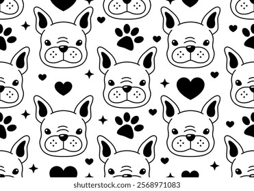 Seamless pattern with French bulldog puppy. Cute design. Vector illustration. Dog. Funny french bulldog puppy. Cute background texture