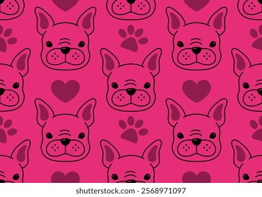 Seamless pattern with French bulldog puppy. Cute design. Vector illustration. Dog. Funny french bulldog puppy. Cute background texture