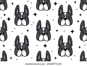 Seamless pattern with French bulldog puppy. Cute design. Vector illustration. Dog. Funny french bulldog puppy. Cute background texture