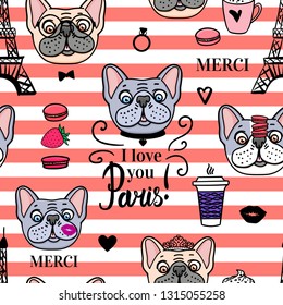 Seamless pattern French Bulldog. Striped coral and white color background. Vector black hand drawn. Eiffel tower illustration with inscription Paris i love you.