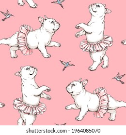 Seamless pattern with french bulldogs in ballet tutus. Cute background with dancing dogs