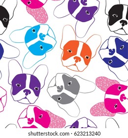 Seamless pattern with French bulldogs. Cute pattern in Tender colors. Repeated backdrop for  fashion clothes, t shirt, child, paper. Creative girlish original design  