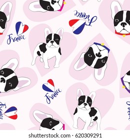 Seamless pattern with French bulldogs, hearts. Cute pattern in Tender colors. Repeated backdrop for  fashion clothes, t shirt, child, paper. Creative girlish original design  