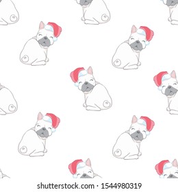 Seamless pattern French bulldogs with Santa hats