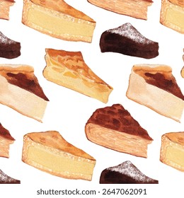 Seamless Pattern – French Cakes and Slices with Chocolate Torta Caprese and Kouign-Amann. Cute realistic painting style. Cozy background for bakery branding, cookbook, cooking banner. 