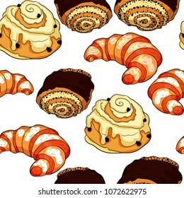 seamless pattern  french croissant bun with poppy seeds and raisins sweet  vector illustration