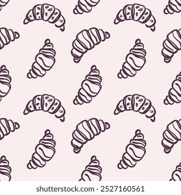 Seamless pattern of french croissants on a beige background. Bakery and breakfast pastry concept. Hand-drawn black line art. Cozy fall season. Vector design.