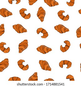 Seamless pattern with French croissants. Vector illustration with croissants on a white background. Packaging paper design. Printing on fabrics, paper, and tableware. Doodle style. French rolls. 