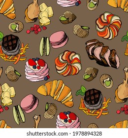 Seamless pattern with French cuisine dishes. Design for cafes, fabrics, textiles, wallpapers, packaging.	