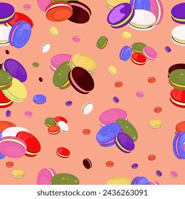 Seamless pattern with French dessert macaroons. Colorful vector illustration on peach background