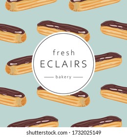 Seamless pattern with french eclairs on a mint background. Sweet eclair with chocolate. Vanilla cake. Wallpaper, print, packaging, banner, poster, label, card. Vector illustration.