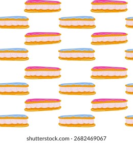 Seamless pattern with French eclairs, sweet pastry dessert background vector illustration.