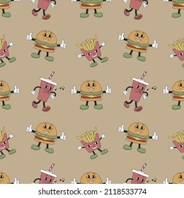 Seamless pattern with French fries, burgers and soda. Retro mascot characters. Float vector illustration for t-shirt prints, posters and other uses.