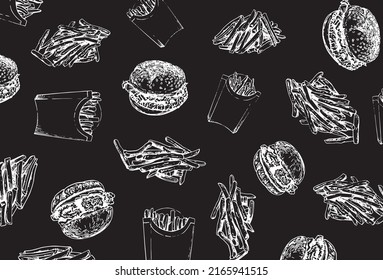 Seamless Pattern French Fries And Burgers On Black , Stylish Food Cover For Fabric, Postcards, Wallpapers,graphical Vector Illustration. Fast Food And Menu Background Design	
