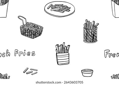 Seamless pattern of French fries in doodle style. Fast food. Street food. Great for menu design. Hand drawn	