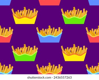 Seamless pattern with French fries. Fast food, deep fried potatoes. Packaged fries, a delicious snack. Design for banners, posters and promotional products. Vector illustration