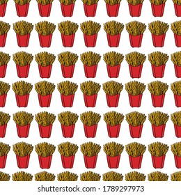 Seamless pattern french fries in red craft box hand drawn on white background. Vector illustration. Fastfood fresh slice of potato. Colourful wallpaper. Cartoon style for wrapping, notebook, postcard.