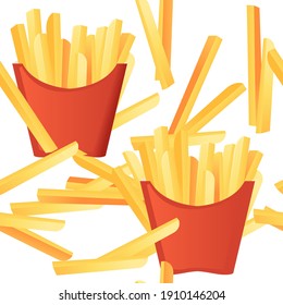 Seamless pattern French fries in red paper box street fast food flat vector illustration on white background
