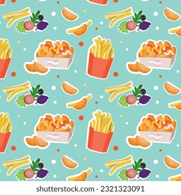 Seamless pattern with french fries and vegetables. Vector illustration.