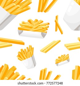 Seamless pattern french fries in white paper box flat style fastfood vector illustration on white background web site page and mobile app design.