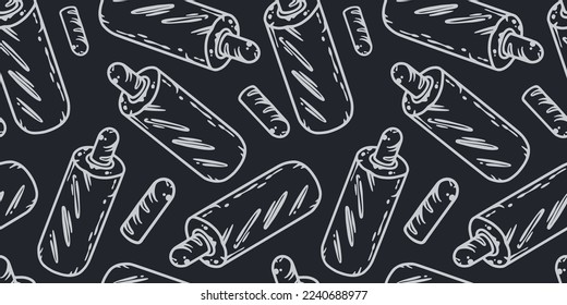 Seamless pattern with french hot dog for label or banner. Sausage in a bun with ketchup and mustard for fast food. Monochrome vector hotdog for design of street food.