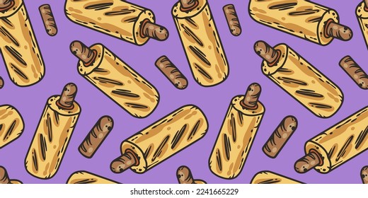 Seamless pattern with french hot dog for label or banner. Sausage in a bun with ketchup and mustard for fast food. Vector hotdog for design of street food.