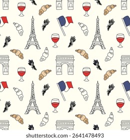 Seamless pattern with French icons like the Eiffel Tower, Arc de Triomphe, croissants, wine, and flags. Ideal for travel, culture, and Parisian themes.
