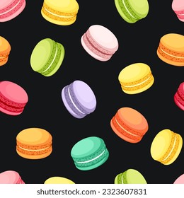 Seamless pattern with French macaron cookies of various colors on a black background. Vector illustration