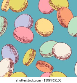 Patrón sin inconvenientes con macarons franceses. Ilustración vectorial dibujada a mano en estilo de grabado vintage sobre fondo brillante. postre dulce y colorido.