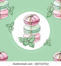 Seamless pattern with french macaroons and mint for textile, paper, website, card. Watercolor vector illustration isolated on turquoise background.