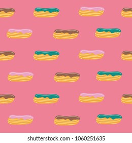 Seamless pattern. French pastry. Eclairs cakes. Vector illustration.