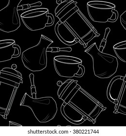 Seamless pattern with french press, cup and cezva on black background. Vector illustration.
