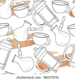 Seamless pattern with french press, cup and cezva. Vector illustration.
