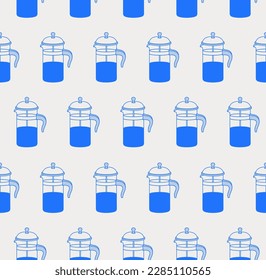 Seamless pattern of French press. Line art, retro. Vector illustration for coffee shops, cafes, and restaurants.