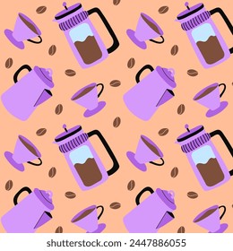 Seamless pattern with french press, pot, coffee beans and cup of coffee. Repeat textures for cafe menu, wrapping paper store,kitchen textile.