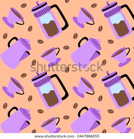 Seamless pattern with french press, pot, coffee beans and cup of coffee. Repeat textures for cafe menu, wrapping paper store,kitchen textile.
