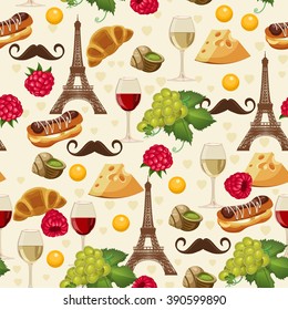 Seamless pattern in french style with food. Background for menu, cafeteria, cafe, restaurant with french cuisine.